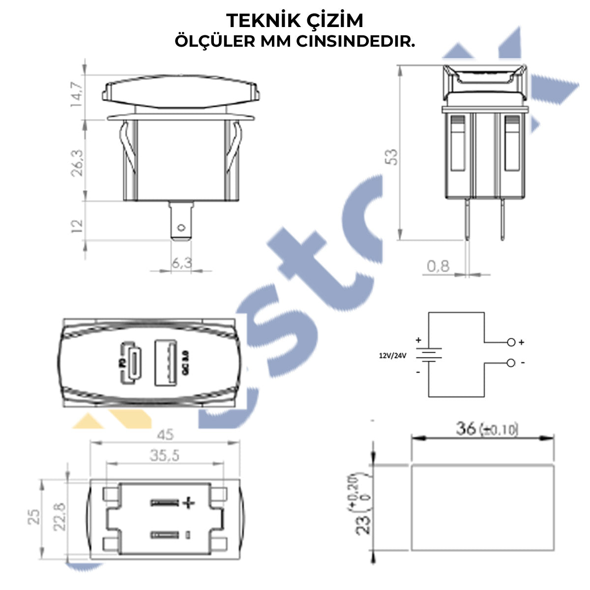 Su Geçirmez Tekne Araba USB QC 3.0 ve Type-C PD Araç Şarj Soketi