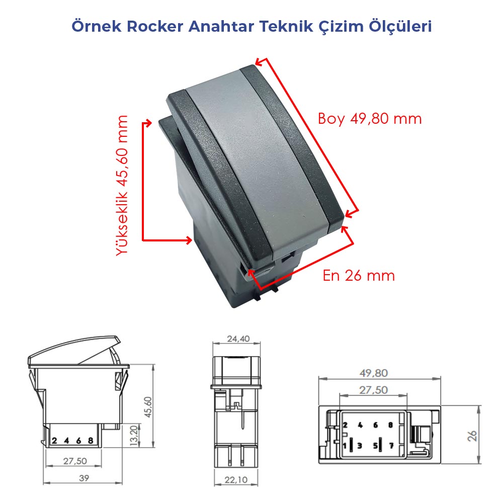 OTOKAR M2010 Minibüs Sürücü Aydınlatma Anahtar Düğme Rocker Switch 6 Pin (On-On) Ampullü 12V